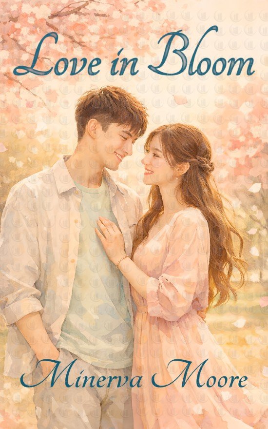 Love in Bloom | Premade sweet romance book cover in watercolor style featuring a smiling young couple under blooming spring trees with drifting petals, soft pastel tones.