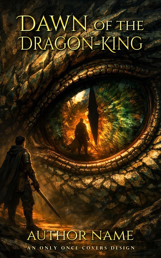 Dawn of the Dragon King | Only Once Covers A fantasy book cover image featuring a male adventurer standing before an enormous golden dragon eye that is larger than the man's body.