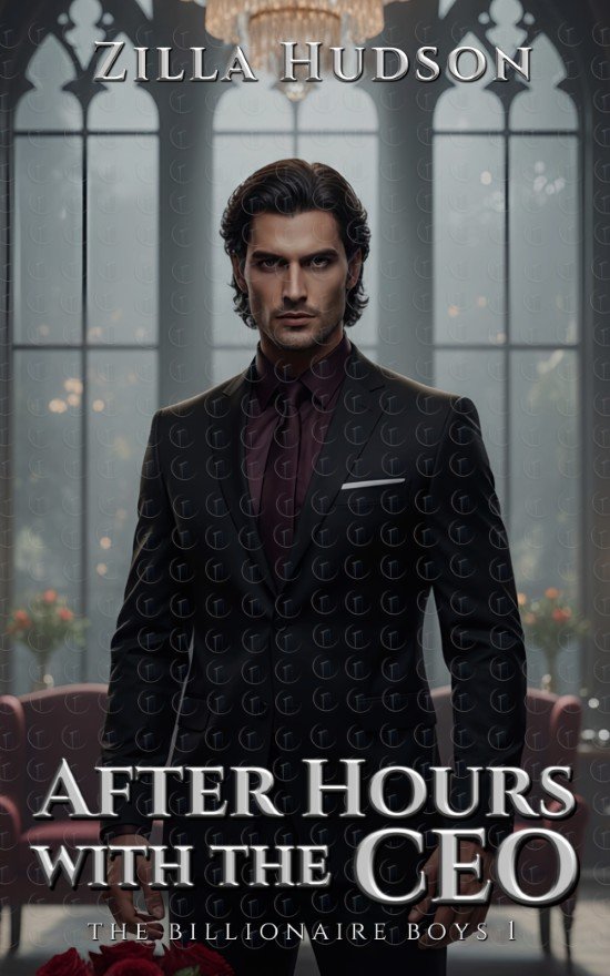 After Hours with the CEO premade billionaire romance cover with suited CEO hero in a candlelit mansion, after-hours night mood