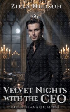 Velvet Nights with the CEO premade billionaire romance cover with suited CEO hero in a chandelier-lit mansion, luxe seductive vibe