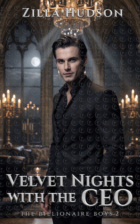 Velvet Nights with the CEO premade billionaire romance cover with suited CEO hero in a chandelier-lit mansion, luxe seductive vibe