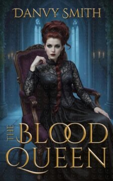 A fantasy book cover image featuring a woman dressed in black lace and silk sitting in an gilded velvet chair in a darkened gothic mansion.