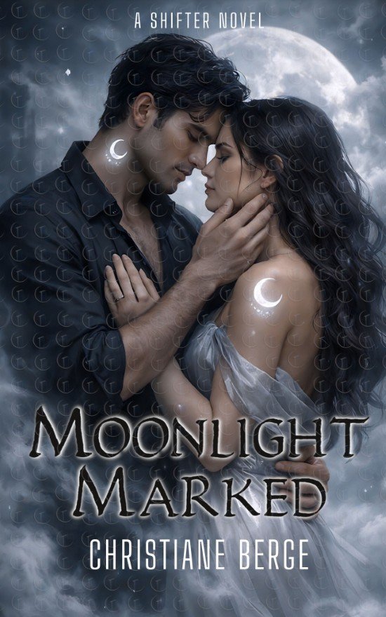 Moonlight Marked premade paranormal romance cover with couple and glowing moon sigils in mist
