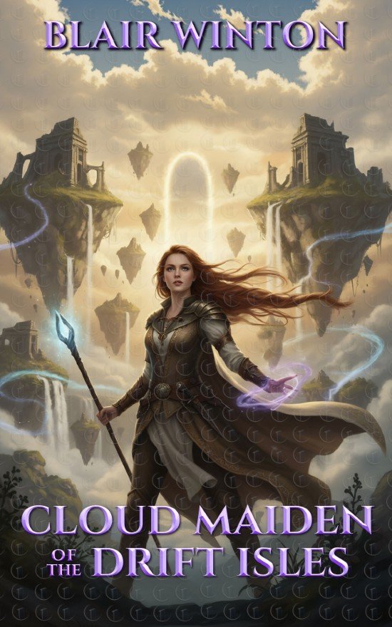 A fantasy book cover image of a female magic-user standing before a background of floating islands.
