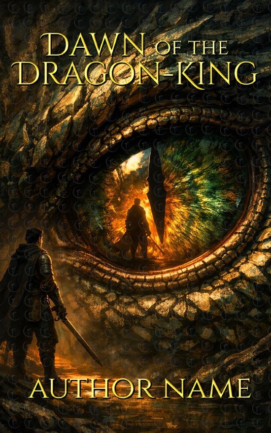 A fantasy book cover image featuring a male adventurer standing before an enormous golden dragon eye that is larger than the man's body.