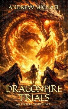 Premade epic fantasy book cover featuring three adventurers facing a fiery magical portal shaped like a dragon with glowing runes, intense quest-and-trials mood.