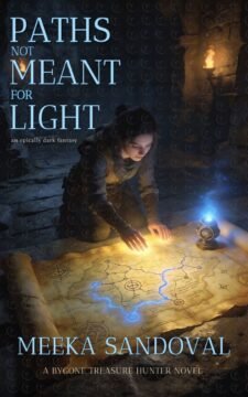 Premade fantasy book cover featuring a lone heroine kneeling over a glowing magical map in a dark stone ruin with torchlight, quest adventure mood.