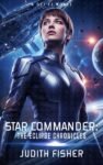 Premade science fiction book cover featuring a female space commander in futuristic armor with starships and planets in the background, space opera military theme.