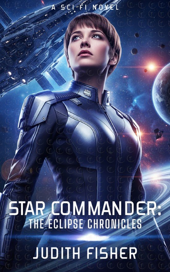 Star Commander | Premade science fiction book cover featuring a female space commander in futuristic armor with starships and planets in the background, space opera military theme.