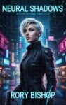 Premade cyberpunk science fiction book cover featuring an augmented female operative in a neon-lit rainy city street with glowing signs, tech-noir dystopian vibe.