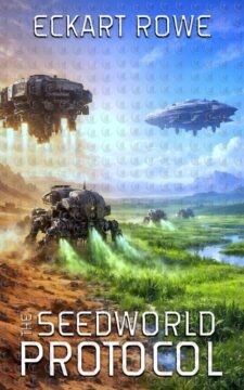 Premade science fiction book cover featuring hovering seed ships and landers over a green alien landscape with misty plains, colonization and terraforming theme.