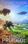 Premade science fiction book cover featuring hovering seed ships and landers over a green alien landscape with misty plains, colonization and terraforming theme.