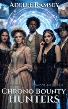 Premade science fiction book cover featuring a team of time-travel agents in period attire standing before a glowing blue time portal, spy and bounty-hunter vibe.