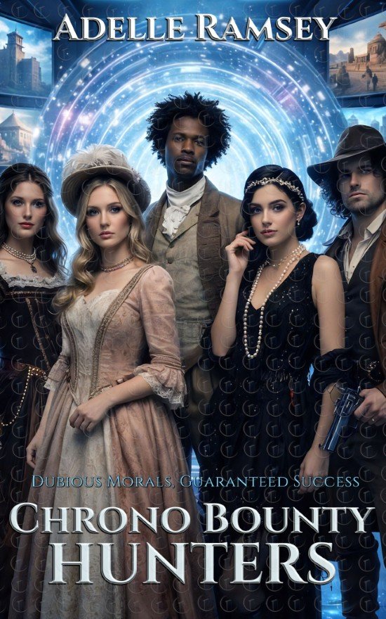 Chrono Bounty Hunters | Premade science fiction book cover featuring a team of time-travel agents in period attire standing before a glowing blue time portal, spy and bounty-hunter vibe.