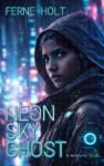 Premade cyberpunk science fiction book cover featuring a hooded female hacker in the rain with neon city lights and futuristic tech gear, intense tech-noir mood.