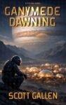 Premade science fiction book cover featuring an astronaut on a rocky ridge overlooking a glowing domed colony at night with a massive gas giant in the sky.