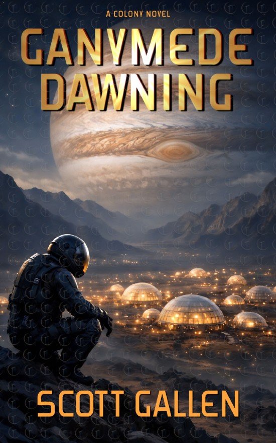 Ganymede Dawning | Premade science fiction book cover featuring an astronaut on a rocky ridge overlooking a glowing domed colony at night with a massive gas giant in the sky.