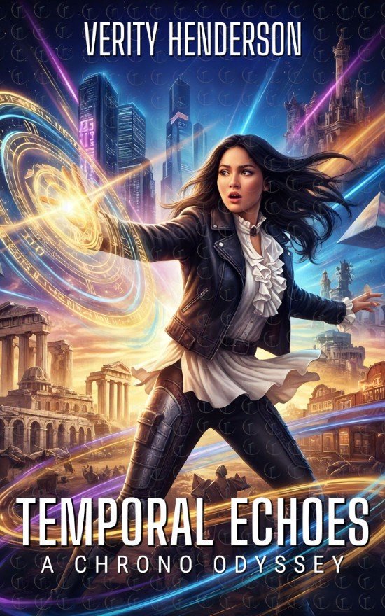 Temporal Echoes | A science fiction book cover image featuring a teenage girl with magical or holographic runes and symbols floating around her outstretched hand, while behind her are images of historical eras, suggesting time travel.