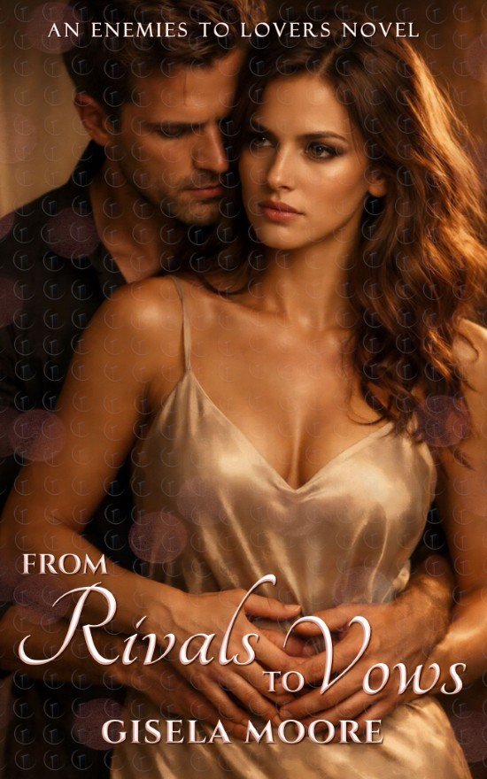 Premade enemies-to-lovers romance book cover featuring a woman in a satin dress with a man behind her in a close embrace, warm golden bokeh lighting and high-chemistry mood.
