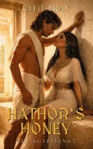 A historical romance book cover featuring a couple in ancient Egyptian clothing inside a simple mud-construction house.
