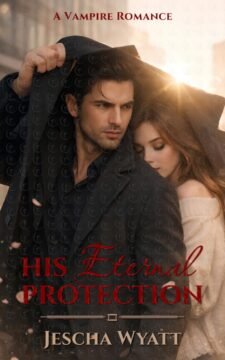 Premade vampire romance book cover featuring a dark-haired man holding a coat over a woman to shield her from bright sunlight in a city street, protective paranormal mood.