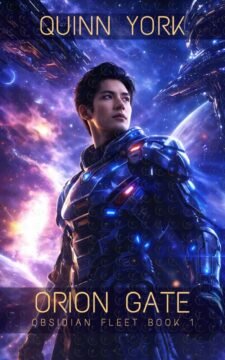 Armored male sci-fi hero in deep space with starships, planets, and a blue-purple nebula background.
