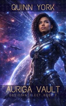 Female sci-fi protagonist in futuristic armor with spaceships, stars, and a glowing planet behind her.