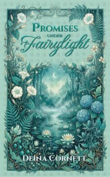 Premade cozy romantasy book cover in ornate botanical illustration style featuring a moonlit pond with water lilies, firefly-like lights, and teal floral border.