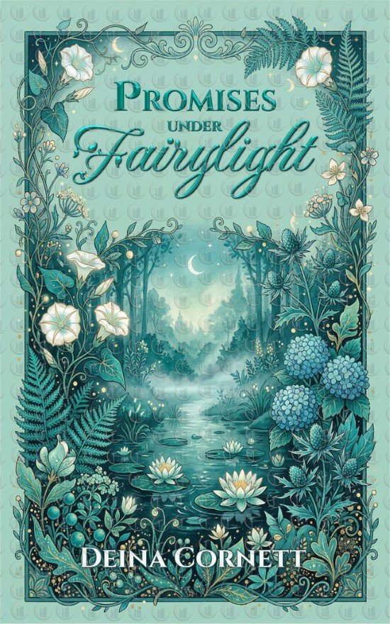 Premade cozy romantasy book cover in ornate botanical illustration style featuring a moonlit pond with water lilies, firefly-like lights, and teal floral border.