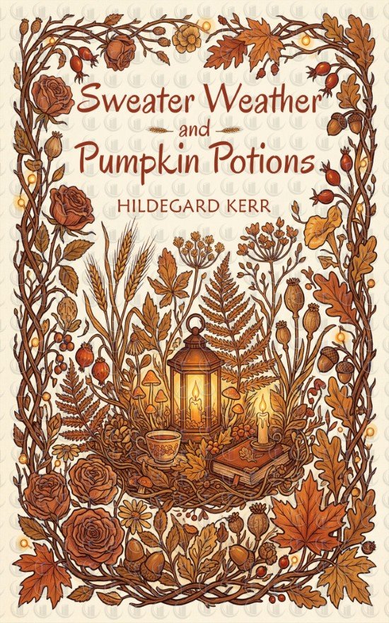 Premade cozy romantasy book cover in autumn illustration style with a botanical wreath border, lantern and candlelight, books, tea cup, pumpkins, and fall leaves.