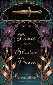 Premade romantasy book cover in Art Nouveau style featuring a jeweled dagger above ornate purple irises and curling vines with copper-gold accents on a dark background.