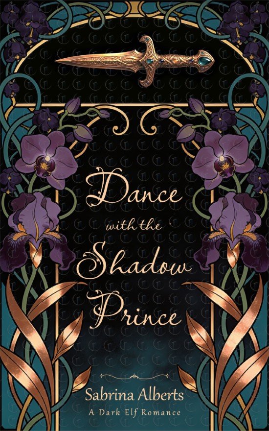 Premade romantasy book cover in Art Nouveau style featuring a jeweled dagger above ornate purple irises and curling vines with copper-gold accents on a dark background.