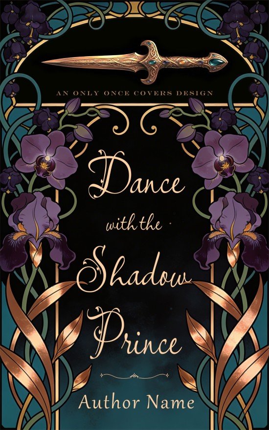 Premade romantasy book cover in Art Nouveau style featuring a jeweled dagger above ornate purple irises and curling vines with copper-gold accents on a dark background.