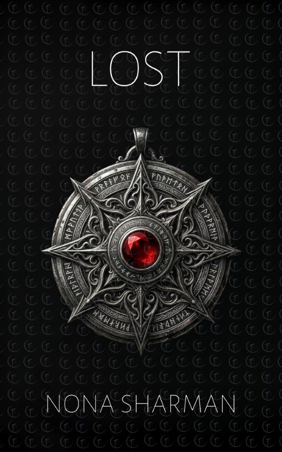 Premade gothic minimal romantasy book cover featuring a silver compass locket with an ornate star design and a central red gemstone on a black background.