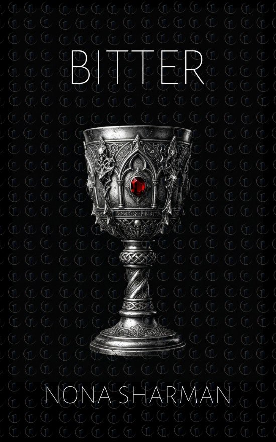 Premade gothic minimal romantasy book cover featuring an ornate silver chalice with a small red gemstone detail on a black background.