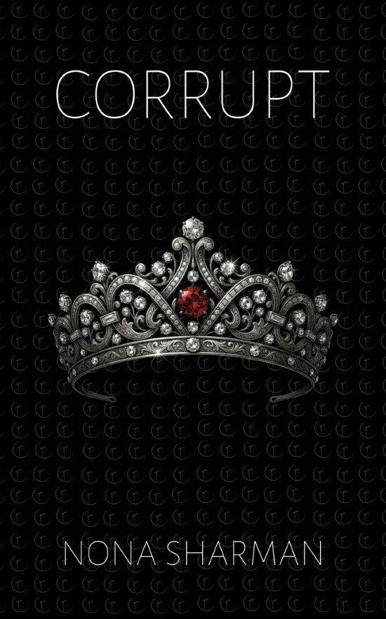 Premade gothic minimal romantasy book cover featuring an ornate silver crown with red gemstones on a black background.