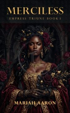 Premade dark romantasy book cover featuring a regal queen in ornate gown surrounded by red roses in a shadowed gothic setting.