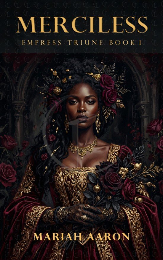 Premade dark romantasy book cover featuring a regal queen in ornate gown surrounded by red roses in a shadowed gothic setting.