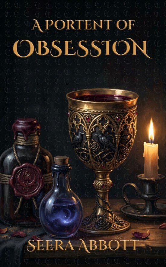 Book cover: Premade gothic romantasy book cover featuring a gold chalice, potion bottles, and a candle on a dark tabletop with moody lighting.