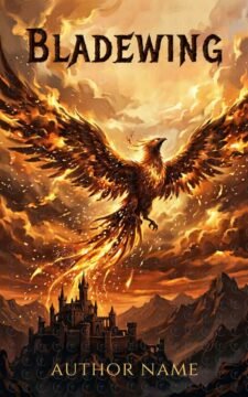 Premade epic romantasy book cover featuring a fiery phoenix-like winged creature soaring above a dark castle under stormy orange skies.