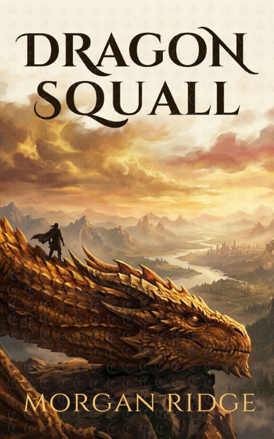 Book cover: a bronze dragon with a lone rider perches on a rocky mountain peak above a sunlit, misty valley