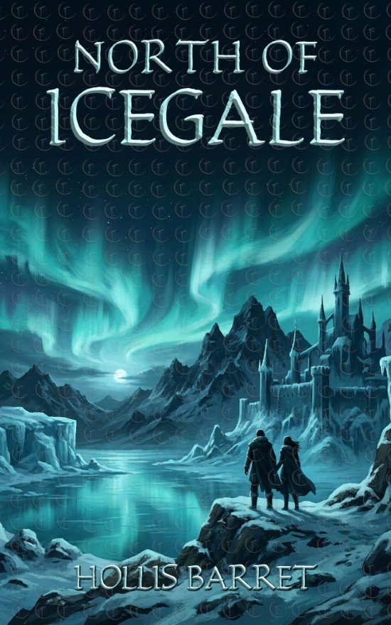 Premade winter romantasy book cover featuring aurora borealis over icy mountains with two travelers in a frozen landscape, cinematic cold tones.