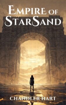 Premade desert romantasy book cover featuring a lone figure under a massive stone arch in golden sand-lit atmosphere, ancient ruins vibe.