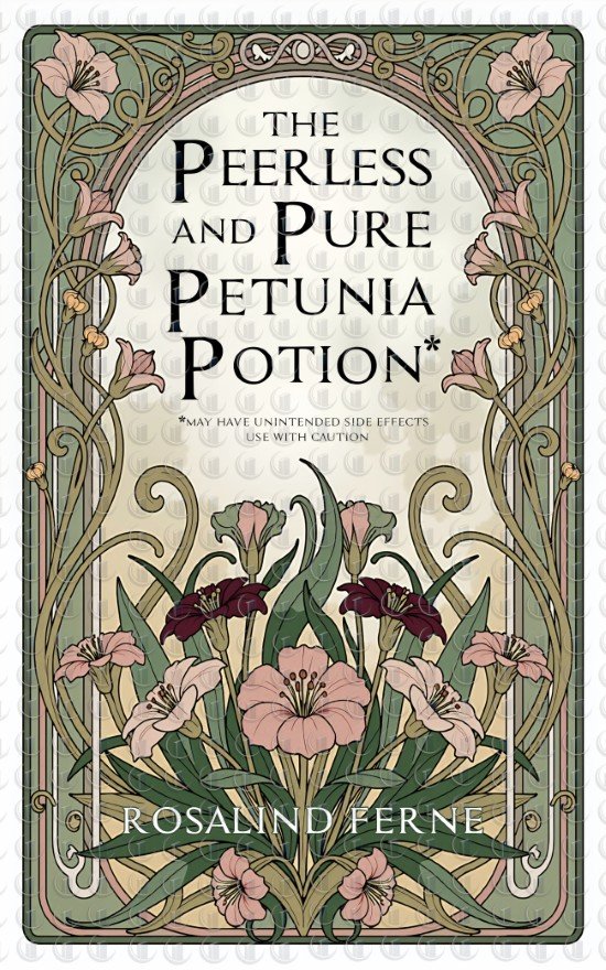 Premade cozy romantasy book cover in vintage botanical illustration style with floral border and apothecary-potion theme, soft pastel palette.