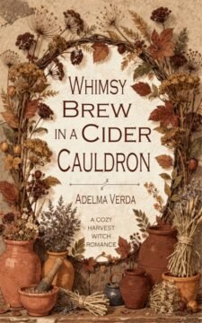 Premade cozy romantasy book cover featuring rustic apothecary scene with herbs, jars, dried botanicals, and warm autumn tones, cottage witch vibe.