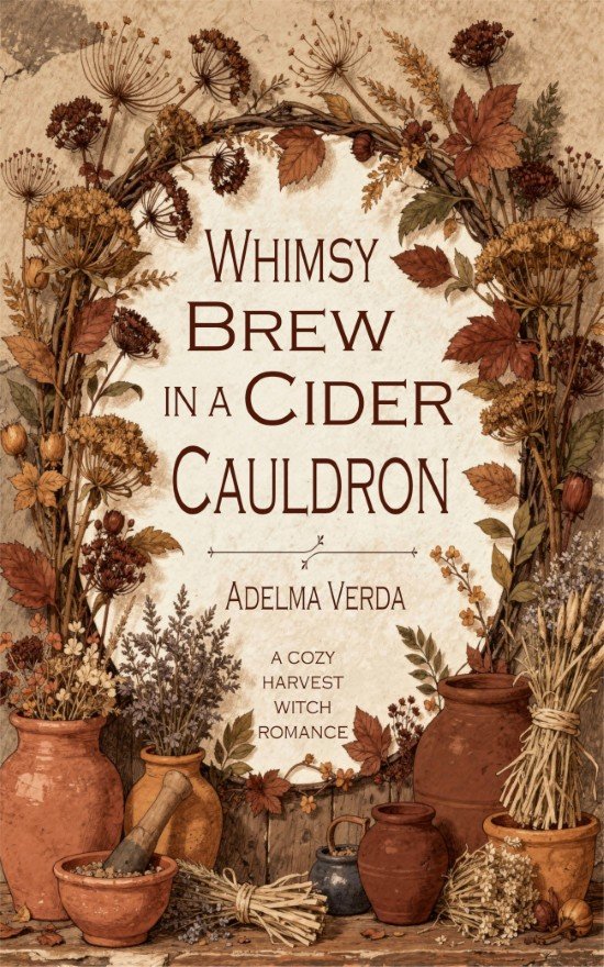 Premade cozy romantasy book cover featuring rustic apothecary scene with herbs, jars, dried botanicals, and warm autumn tones, cottage witch vibe.