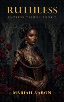 Dark-skinned royal woman in an embroidered burgundy gown standing among red roses in a dim gothic hall.