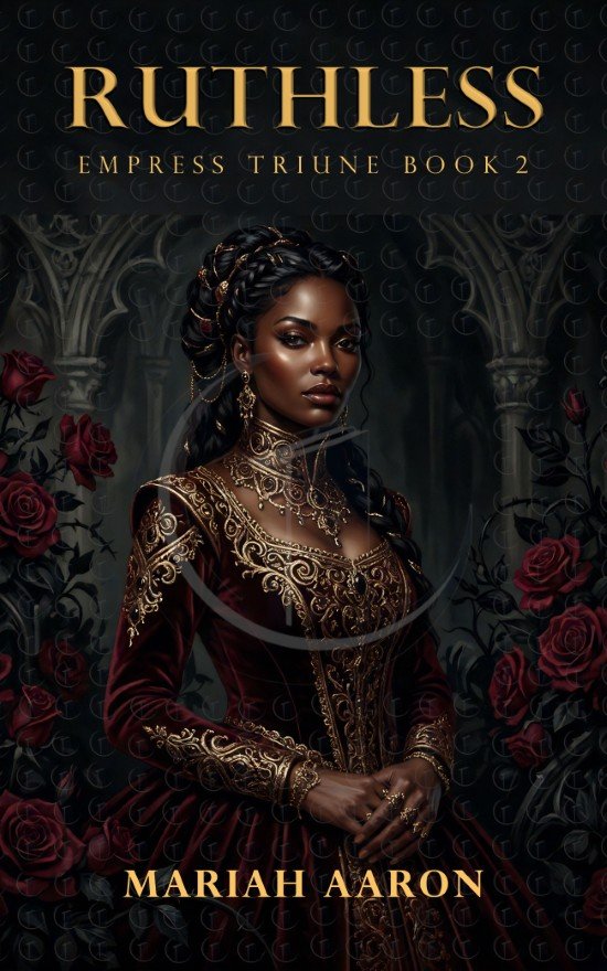 Dark-skinned royal woman in an embroidered burgundy gown standing among red roses in a dim gothic hall.