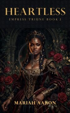 Crowned dark-skinned queen in a burgundy and black gown surrounded by red roses in a shadowed gothic garden.