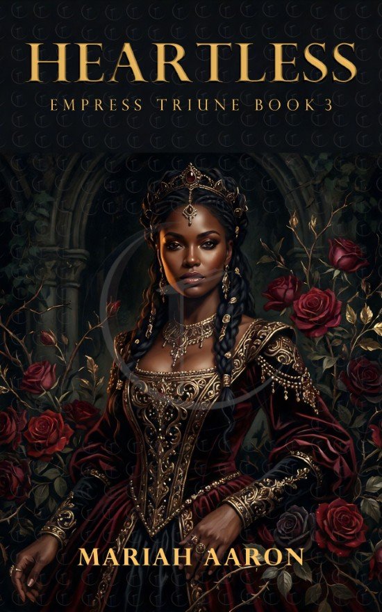 Crowned dark-skinned queen in a burgundy and black gown surrounded by red roses in a shadowed gothic garden.